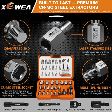 22-Piece Screw Extractor Set For Stripped Bolts And Nuts, Multi-Spline Easy Out Remover Kit With Three-Eighth Inch Drive Display