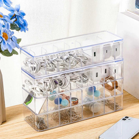 2 Pack Cable Organizer Box With Lids Clear Plastic Cord Storage Box For Home Office Desk Electronics Organizer Includes 20 Silicone Wire Ties