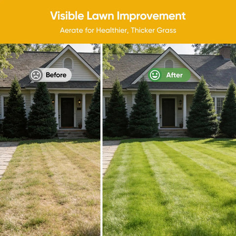 Two lawns showing before and after using Manual Lawn Aerator With 16 Sharp Spikes For Deep Soil Penetration In A 4 By 4 Grid, No Fuss Yard Aeration Tool With Pre Assembled Design And Self Ejecting Soil, Black And Orange Finish For Quick Healthy Lawns