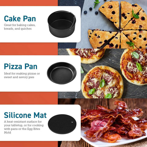 Image of Six Piece Air Fryer Accessory Set For 3.7 Qt And Larger Ovens Including Cake Pan, Pizza Pan, and Silicone Mat with food