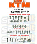 Full Plastics Body Fastener Bolt Kit Fits 50 65 85 105 125 200 250 300 450 505 SX 07 10 And XC XC-W 08 10 Complete OEM Style Replacement Fastener Set For Plastic Panels displayed with bolts and bushings layout.