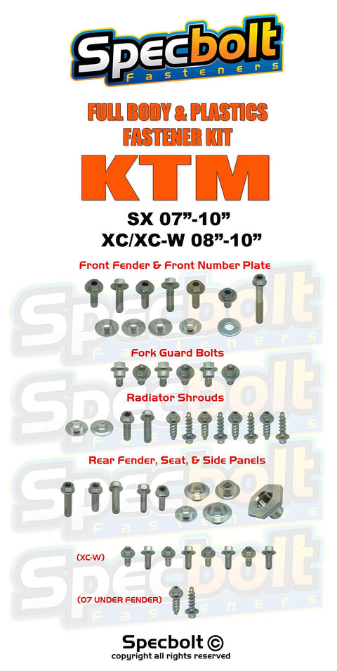 Full Plastics Body Fastener Bolt Kit Fits 50 65 85 105 125 200 250 300 450 505 SX 07 10 And XC XC-W 08 10 Complete OEM Style Replacement Fastener Set For Plastic Panels displayed with bolts and bushings layout.