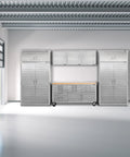 Heavy Duty Steel Storage Cabinet And Rolling Workbench Station With Fingerprint Resistant Doors Granite Finish in a garage setting.