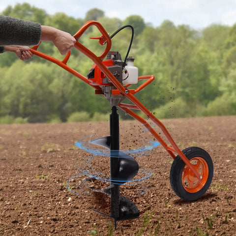 Gas Powered Post Hole Digger With Wheelbarrow Design 63cc Engine 3HP Earth Auger Borer in use on soil
