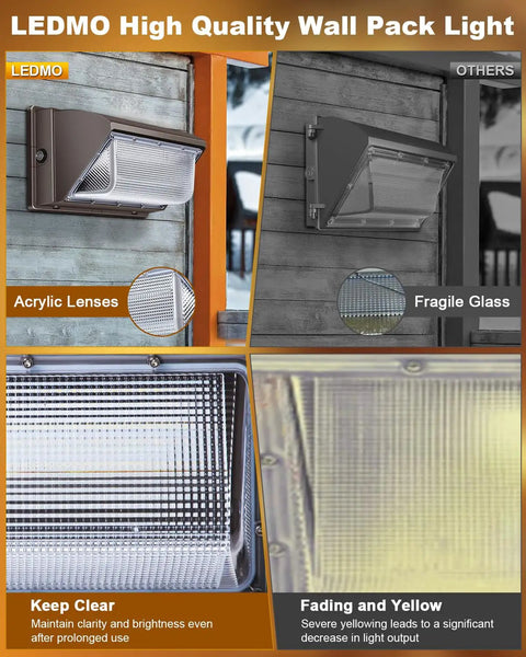 Comparison of LEDMO high quality 120W outdoor LED wall pack light vs others, highlighting acrylic lenses vs fragile glass and durability benefits.