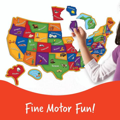 Child placing piece on Magnetic US Map Puzzle For Kids Kid Friendly Geography Tool With State Names And Shapes Hands On Learning