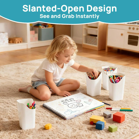 Child using 24 Quart Clear Plastic Craft Organizer with six detachable inserts for organizing markers and crayons on a playroom floor.