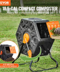 18.5 Gallon Compost Tumbler with sliding door and steel frame in garden, showing compost process, space-saving design, BPA-free bin