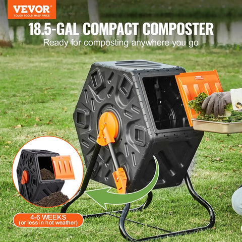 18.5 Gallon Compost Tumbler with sliding door and steel frame in garden, showing compost process, space-saving design, BPA-free bin