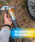 Hand holding grease gun with Beefy Marine Wheel Bearing Grease Tube 2 Pack 14 Oz Waterproof High Temperature NLGI 2