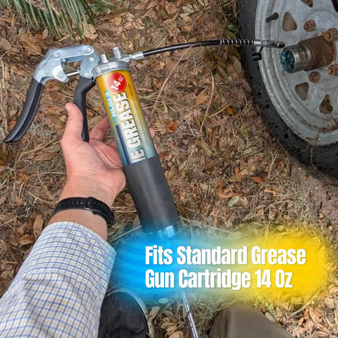 Hand holding grease gun with Beefy Marine Wheel Bearing Grease Tube 2 Pack 14 Oz Waterproof High Temperature NLGI 2