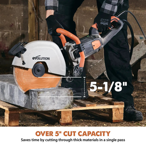 R14DCT 14 Inch Electric Concrete Saw With High Torque 20 Amp Motor cutting concrete with 5-1/8 inch depth feature visible