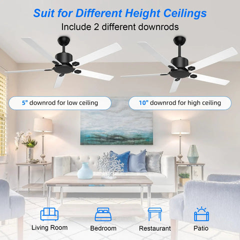 52 Inch Outdoor Ceiling Fan With Lights And Remote, Reversible DC Motor, Matte Black Housing, 2 down-rod sizes in living room