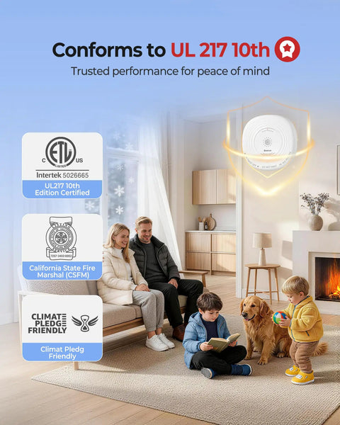 10 Year Sealed Battery Smoke Detector With Photoelectric Sensor No Fuss Low Maintenance Home Alarm For Apartments And Houses Long Lasting Lithium Power For Busy Landlords And Homeowners. White UL217 certified smoke alarm in living room