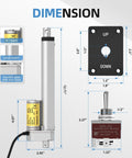 Diagram showing dimensions of Beefy 8 Inch 12V Linear Actuator with 330Lb Thrust, including manual controller and components.