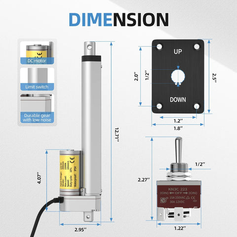 Diagram showing dimensions of Beefy 8 Inch 12V Linear Actuator with 330Lb Thrust, including manual controller and components.