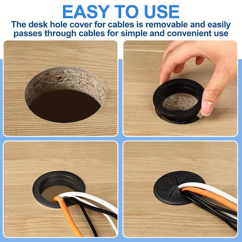 2 Pack 3.5 Inch Desk Grommets Black ABS Hole Covers Detachable Flexible Wire Caps For Cords in use with cables on a wood desk.