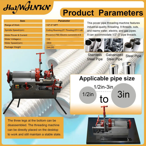 Plug And Play Heavy Duty Electric Pipe Threader Machine 1/2 To 3 Inch With Npt Dies 110V Power Tool on display with stainless and galvanized pipes.