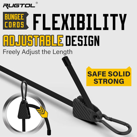 Display of Six Piece Heavy Duty Bungee Cords With Carabiners Set, showcasing flexibility and adjustable design for outdoor use.