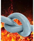 Heavy Duty Flame Resistant Corrugated Cable Conduit Featuring Flexible Wire Cover Sleeves In Slick Gray Double Wave Build, twisted in flame background.