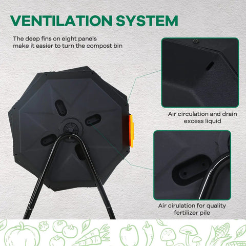 Back view of Dual Chamber 42 Gallon Outdoor Compost Tumbler Rotating Bin BPA Free For Garden Yard showing ventilation system.