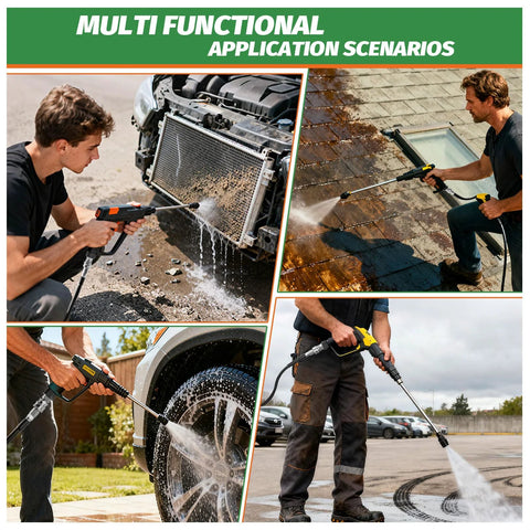 Pressure washer quick-connect kit with stainless steel 3/8 in fittings, 8 pcs; collage of outdoor cleaning scenes