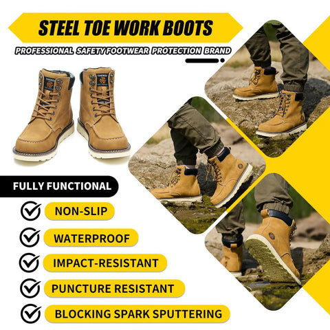 Mens Steel Toe Work Boots Waterproof Moc Toe Safety Boots Non Slip Construction Boots Indestructible Western Style Wheat US 10.5