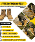 6 Inch Moc Toe Steel Toe Work Boots For Men Waterproof Leather Upper Non Slip Outsole Safety Boots For Construction Heavy Duty Western Wheat US Size 11 displayed from multiple angles, highlighting features like non-slip and waterproof.
