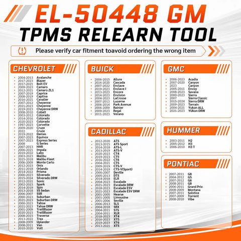 2026 Latest TPMS Relearn Kit With Fresh Battery Fits Chevy Buick Cadillac GMC Tire Pressure Reset Tool compatibility chart