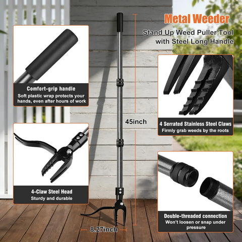 Stand Up Weed Puller Tool With 45 Inch Steel Handle And Four Claw Head For Upright Weeding No Bending Or Kneeling All Steel Construction
