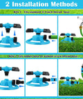 360 Degree Rotating Lawn Sprinkler System With Three Arm Design And Half Inch Connector, two installation methods shown. 