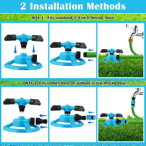 360 Degree Rotating Lawn Sprinkler System With Three Arm Design And Half Inch Connector, two installation methods shown. 