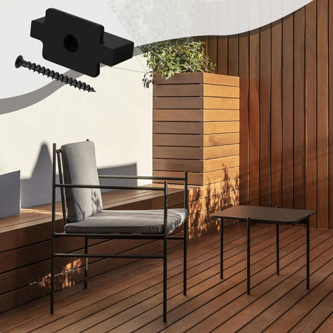Straight Up Durable Black Nylon Hidden Deck Fasteners Plus T Clips With Heavy Duty Metal Screws For Effortless Composite Board Setup No Fuss Universal Decking Connector Kit 50 Piece on a patio with furniture.