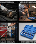 Mechanics using Ten Piece Spline Socket Bit Set For M4 To M18 With M-Type 12 Point Polydrive Drive Sockets in workshop and garage