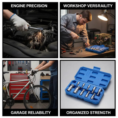Mechanics using Ten Piece Spline Socket Bit Set For M4 To M18 With M-Type 12 Point Polydrive Drive Sockets in workshop and garage