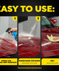 Easy Spray On Ceramic Wax For Cars With SiO2 Hybrid Barrier Technology Simple application on red car with hose and towel
