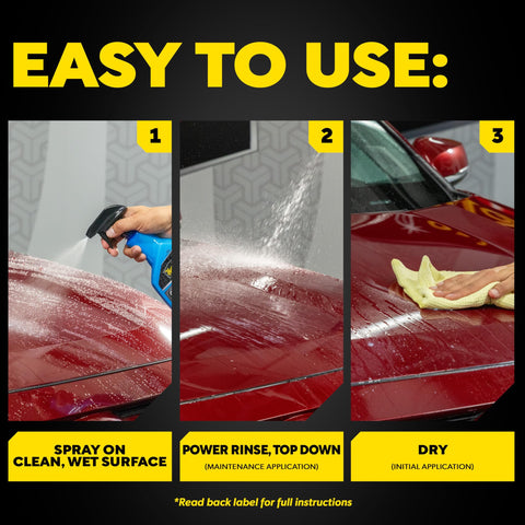 Easy Spray On Ceramic Wax For Cars With SiO2 Hybrid Barrier Technology Simple application on red car with hose and towel