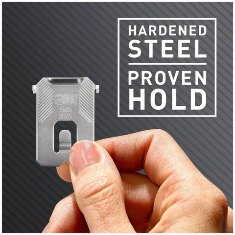 Claw Drywall Picture Hanger Variety Pack With 15, 25, And 45 Lb Hangers And Spot Markers, close-up of steel hanger in hand