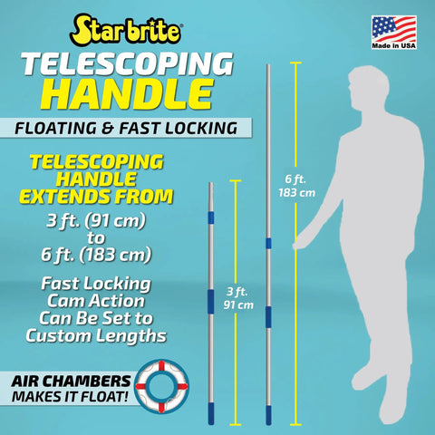 Extendable Boat Brush Handle With 3 To 6 Ft Reach Floats Quick Connect Compatibility Fits Extend A Brush Accessories Built From Aircraft Grade Aluminum Made In USA, telescoping handle graphic