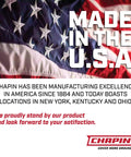 American flag with 'Made in the U.S.A.' and text about Chapin's manufacturing excellence since 1884.