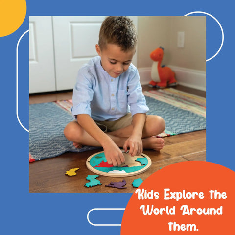 Child playing with 7 Continents And 5 Oceans Earth Wooden Jigsaw Puzzle For Kids With 21 Pieces, boosting spatial thinking skills.