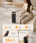 Space Heater With 1500W Power, Thermostat, 70 Degree Oscillation, Five Modes, Remote, 12 Hour Timer shown in a living room