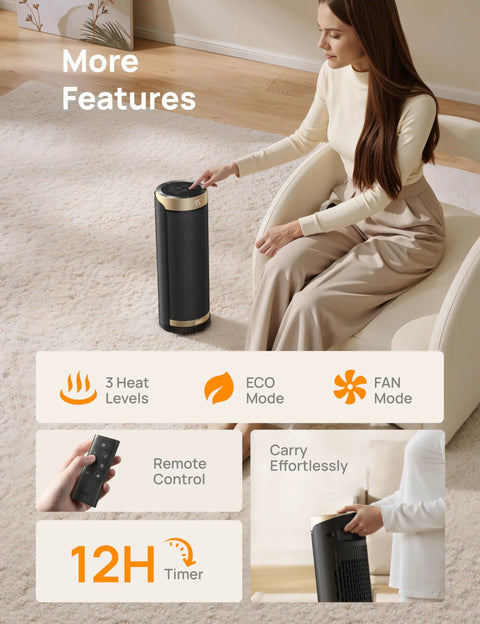 Space Heater With 1500W Power, Thermostat, 70 Degree Oscillation, Five Modes, Remote, 12 Hour Timer shown in a living room