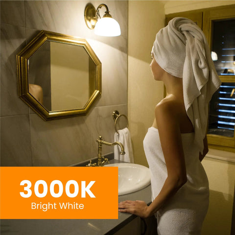 Bathroom illuminated by Six Pack 4W LED MR16 GU10 Bulbs Dimmable With 35W Equivalent 3000K Warm White 300 Lumens lighting.