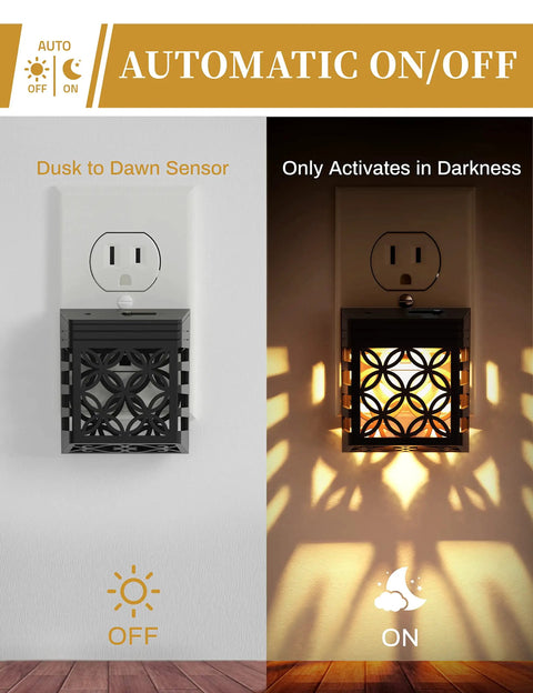 Two Pack Plug In Night Lights With Dusk To Dawn Sensor, Decorative Nightlight showing off-on light in wall outlets
