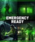 Collage showing Ultra Bright Green Glow Sticks Emergency Chem Lights 6 Inch 25 Pack Military Grade 12 Hour used in various scenarios.