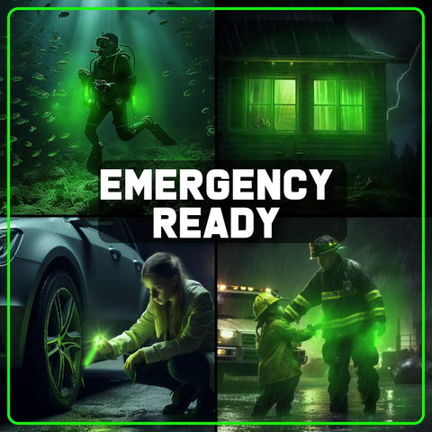 Collage showing Ultra Bright Green Glow Sticks Emergency Chem Lights 6 Inch 25 Pack Military Grade 12 Hour used in various scenarios.