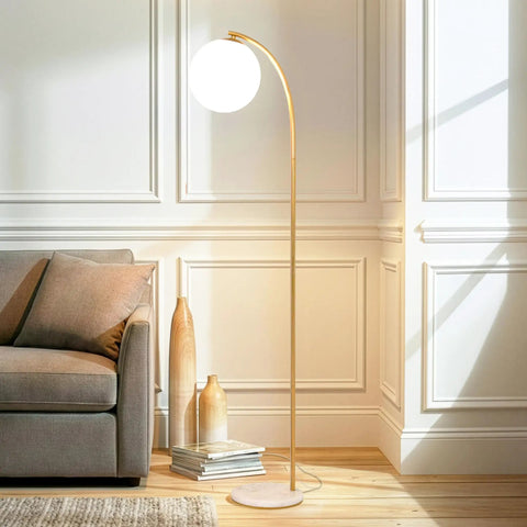 Luna Drop 75 Inch Antique Brass Floor Lamp With Frosted White Glass Globe Shade in modern living room corner