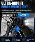 LED Headlight Kit for Sur Ron Surron LBX Light Bee X S Electric Dirt Bike With Light Bar Headlamp and Mount Bracket Plug and Play 6500K Ultra Bright 4 5054 LED Chips showcasing before and after installation with improved brightness.