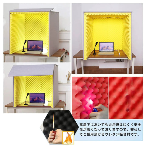 Portable Desktop Sound Isolation Booth Packed With Dense Acoustic Foam Panels To Knock Out Room Bleed Cut Background Noise And Help You Nail Every Take Smoothly with microphone and laptop.